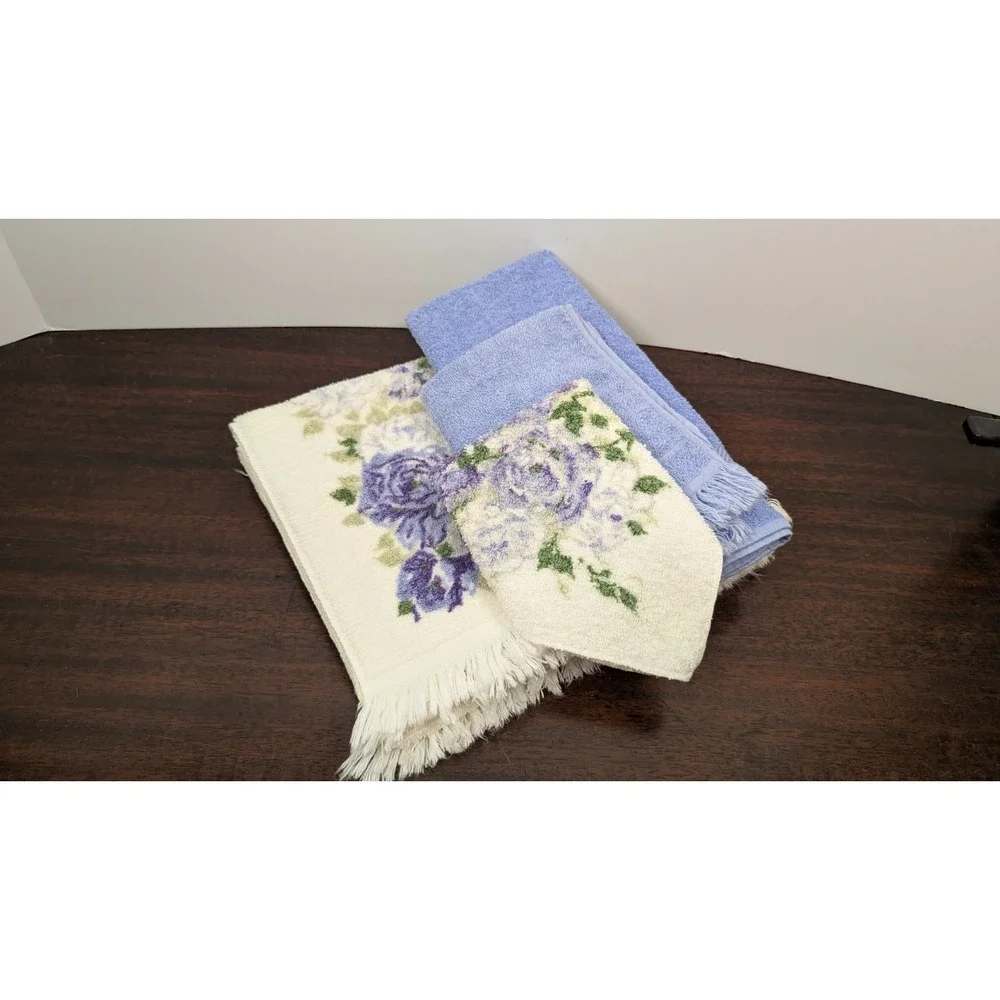 Vintage Mixed Cotton Towel Set Penneys Harmony House Cannon Floral Blue USA 4pc